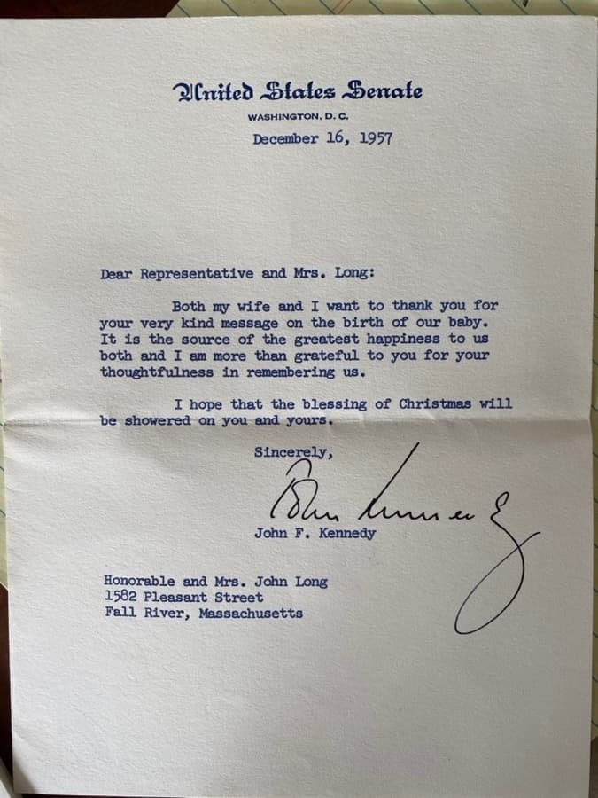 Letter from Senator John F. Kennedy addressed to 1582 Pleasant Street, Fall River